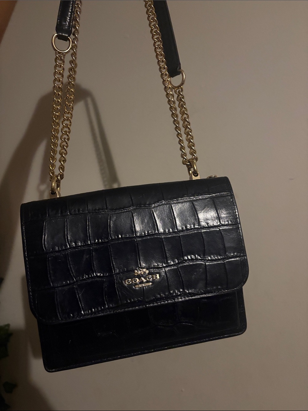Coach Black Croc-Embossed Leather Crossbody with Gold Chain